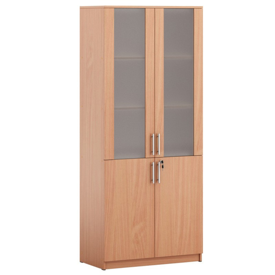 Dulap biblioteca 1000 x 500 x 2000 mm, 4 usi 2 din sticla, incuietoare, PAL melaminat, Cant ABS, Fag