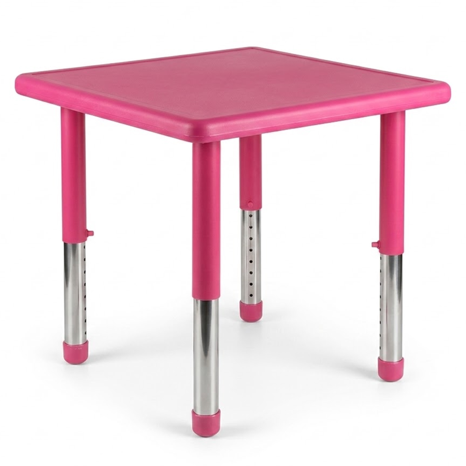  Masa patrata gradinita Happy, 60 x 60 cm, cu blat din plastic si picioare metalice reglabile pe inaltime, Roz