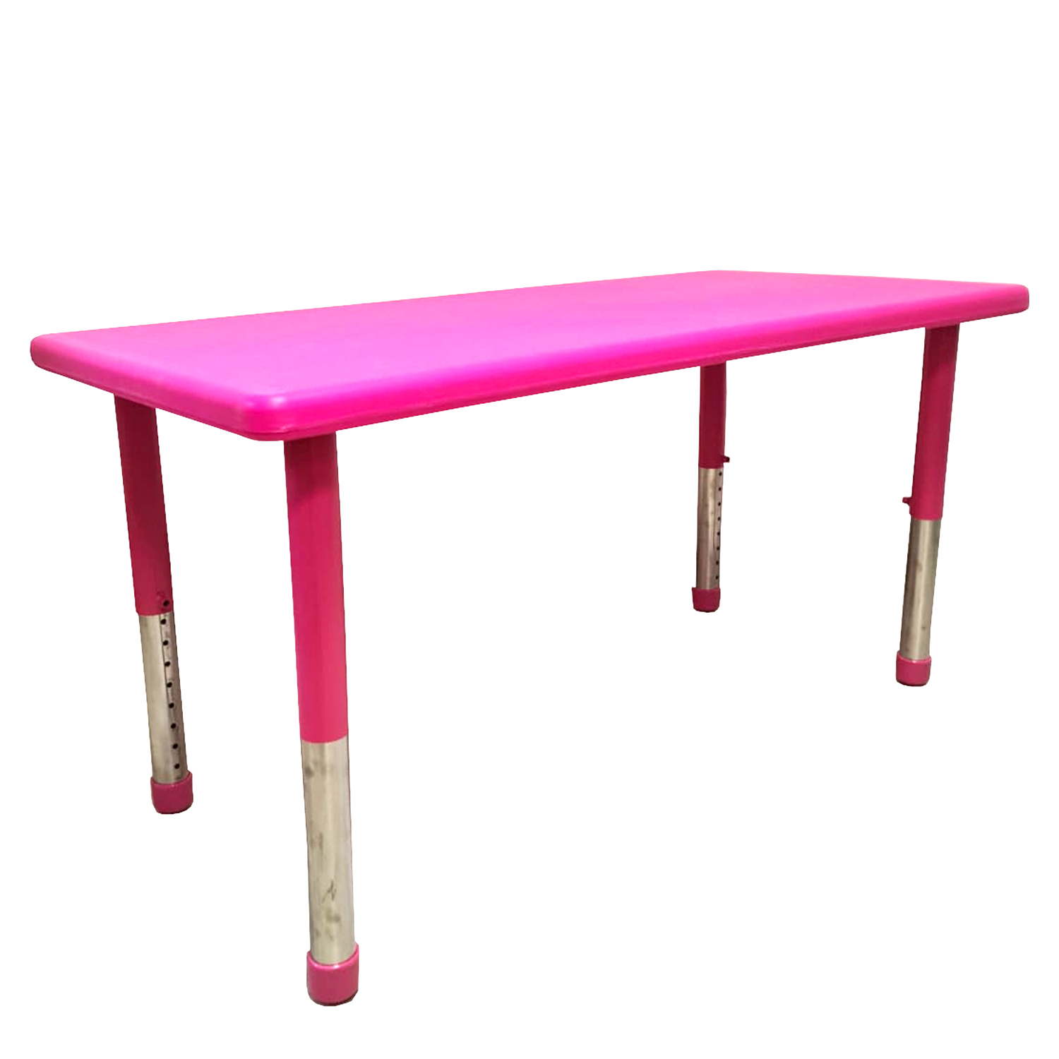Masa dreptunghiulara gradinita Happy, 120 x 60 cm, cu blat din plastic si picioare metalice reglabile pe inaltime, Roz