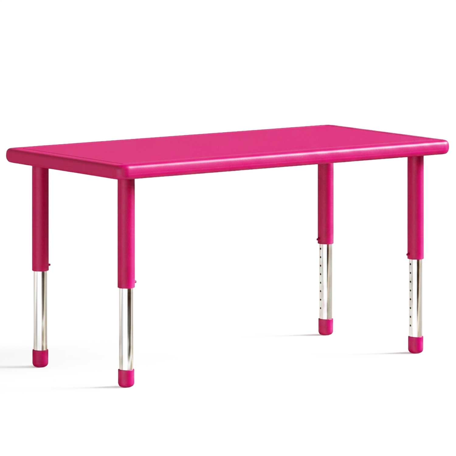 Masa dreptunghiulara gradinita Happy, 120 x 60 cm, cu blat din plastic si picioare metalice reglabile pe inaltime, Magenta