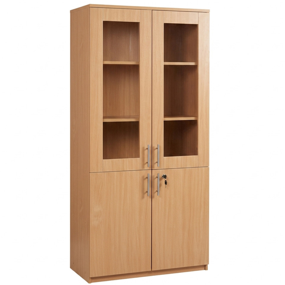 Dulap biblioteca 800 x 400 x 1830 mm, 4 usi 2 din policarbonat, incuietoare, PAL melaminat, cant ABS, Fag